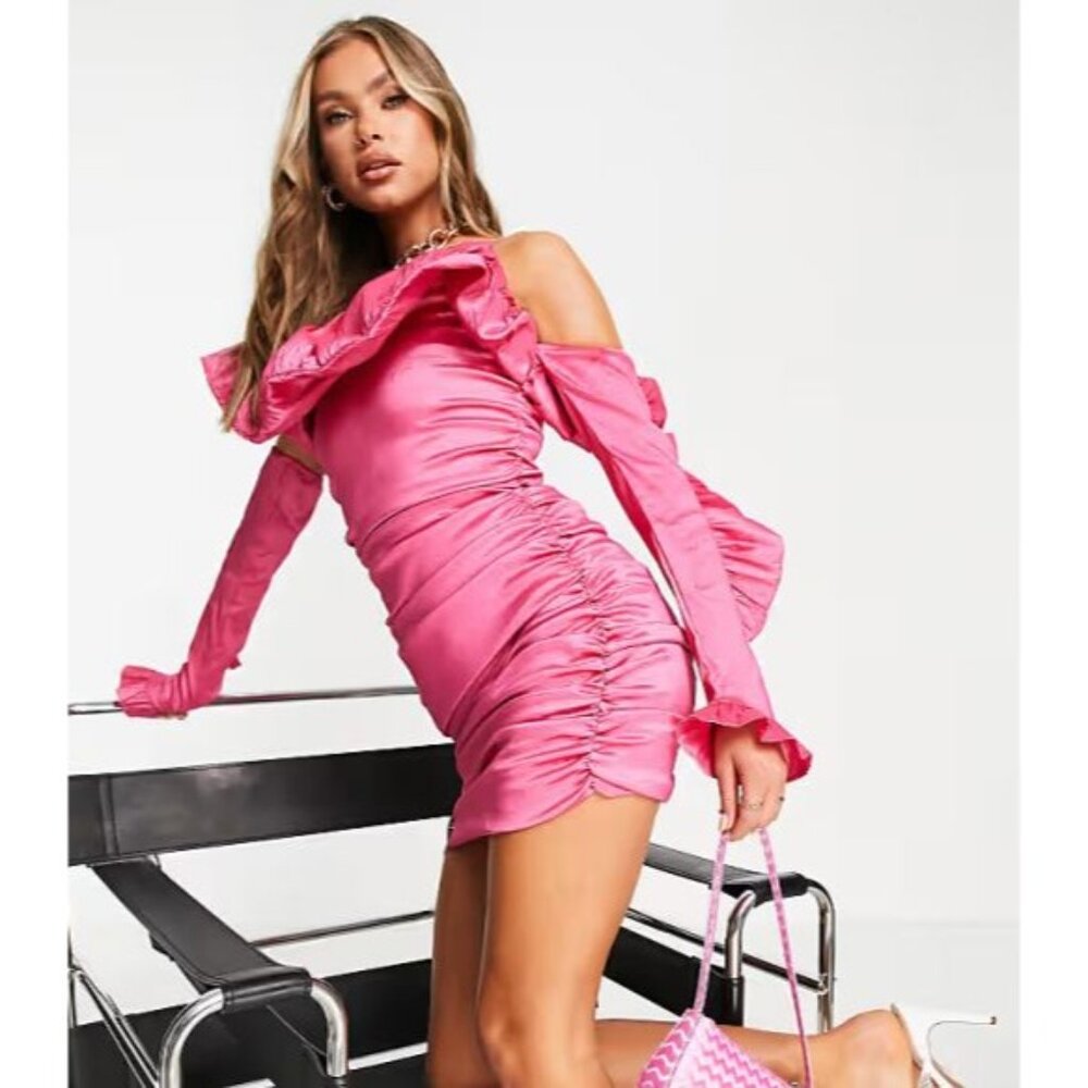Collective The Label Mini Dress Size 2 Taffeta Frill Ruched Cold Shoulder Barbie